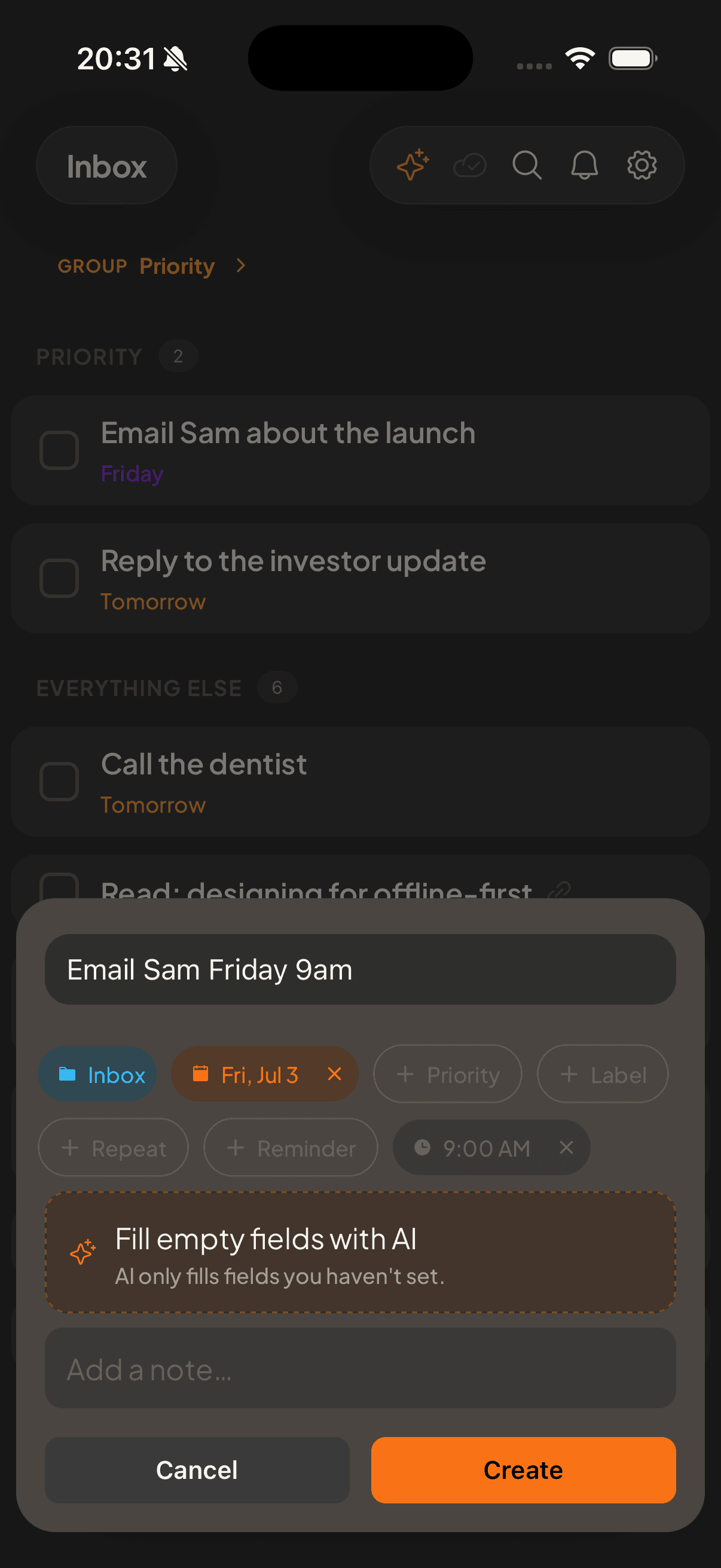 Mobile quick-add parsing a natural-language due date and time