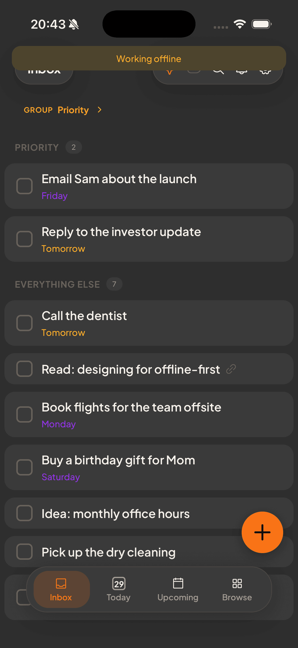 Offline indicator while a freshly captured task is saved locally