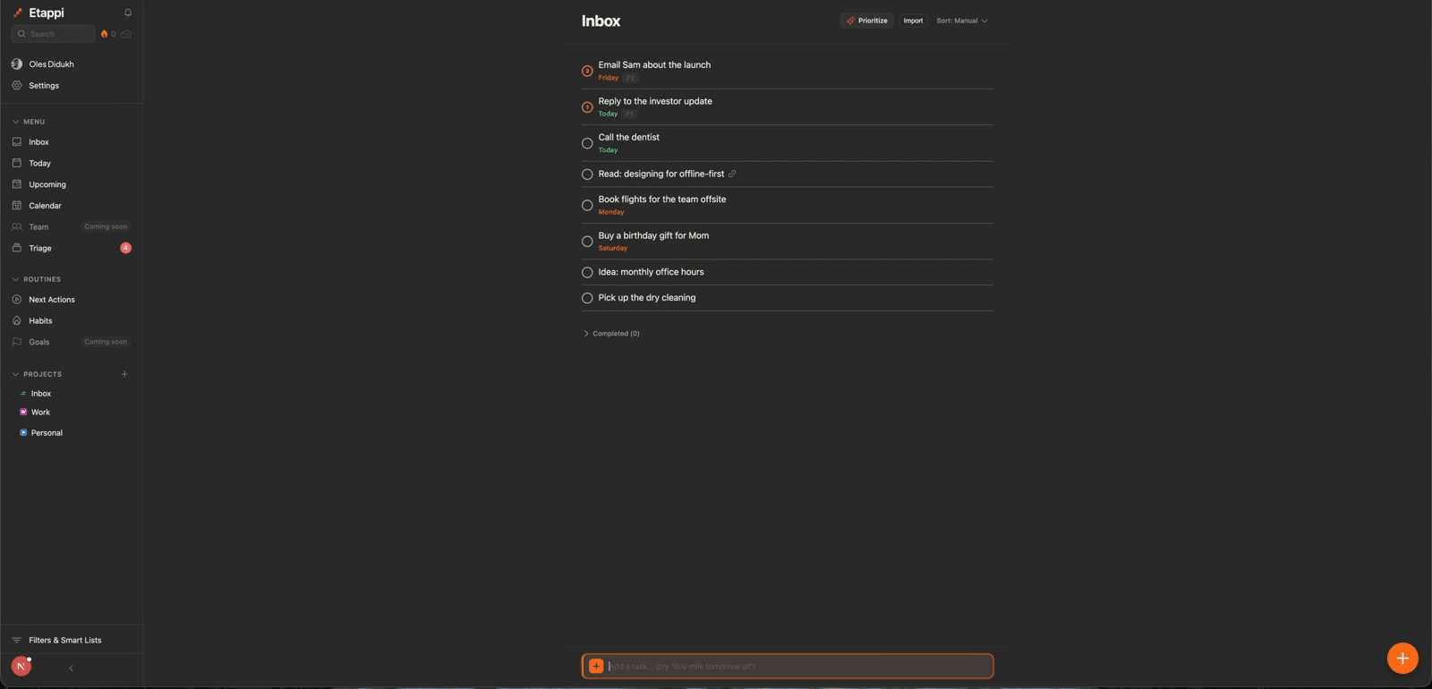 Demo of quickly capturing a task on mobile while offline — On the web.