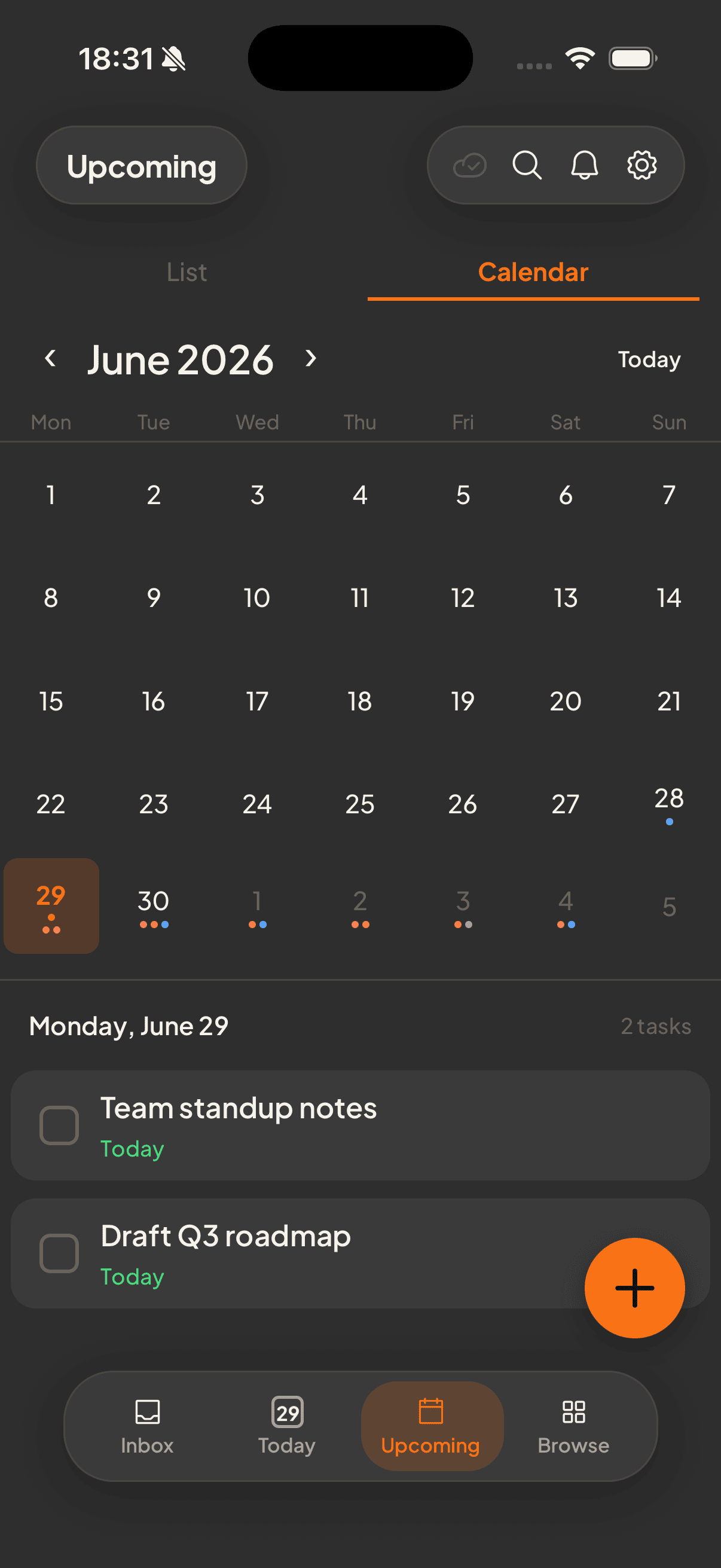 Weekly view showing a balanced spread of tasks per day