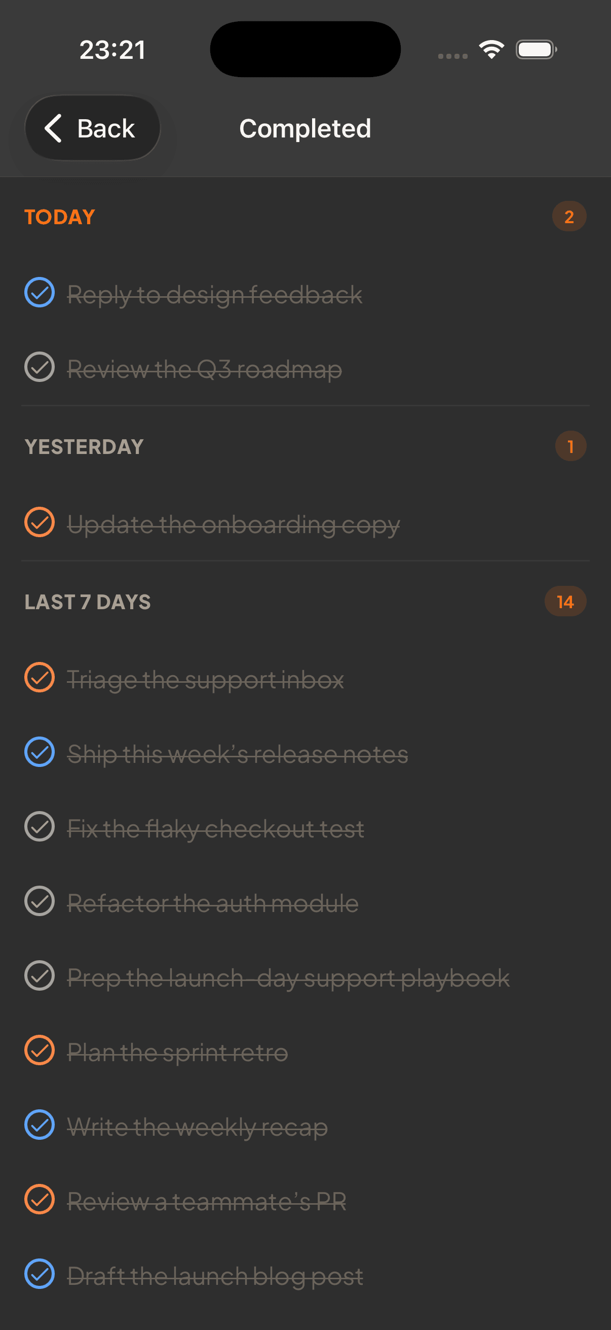 Completed-tasks view grouped by day