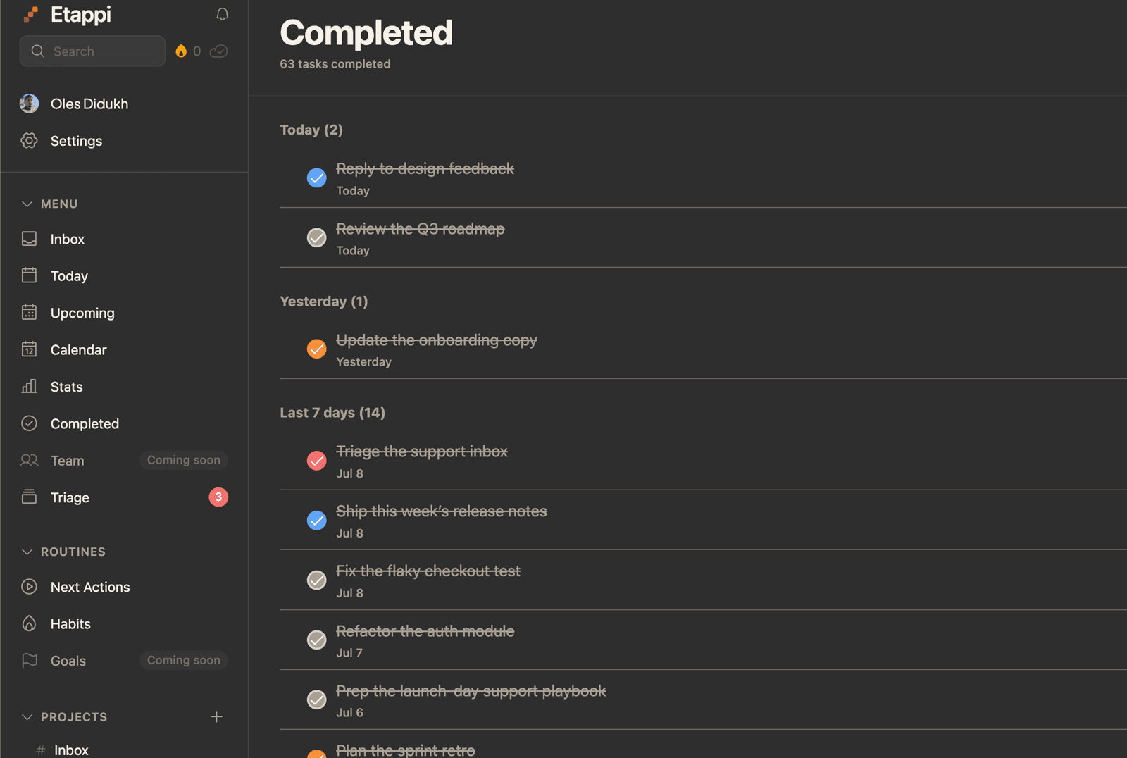 Completed-tasks view grouped by day