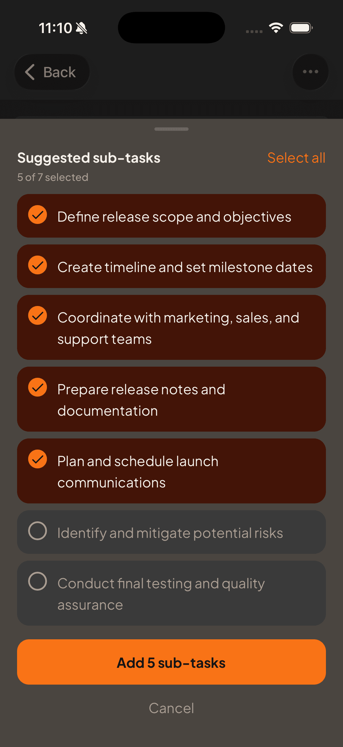 AI decomposing a project into a checklist of subtasks