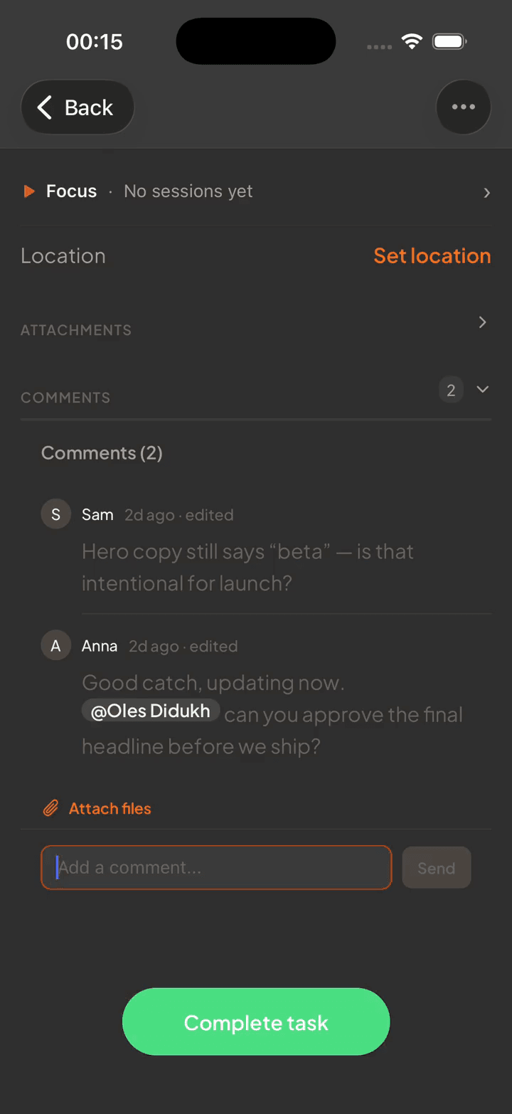Demo of assigning a task and mentioning a teammate in a comment — On the go.