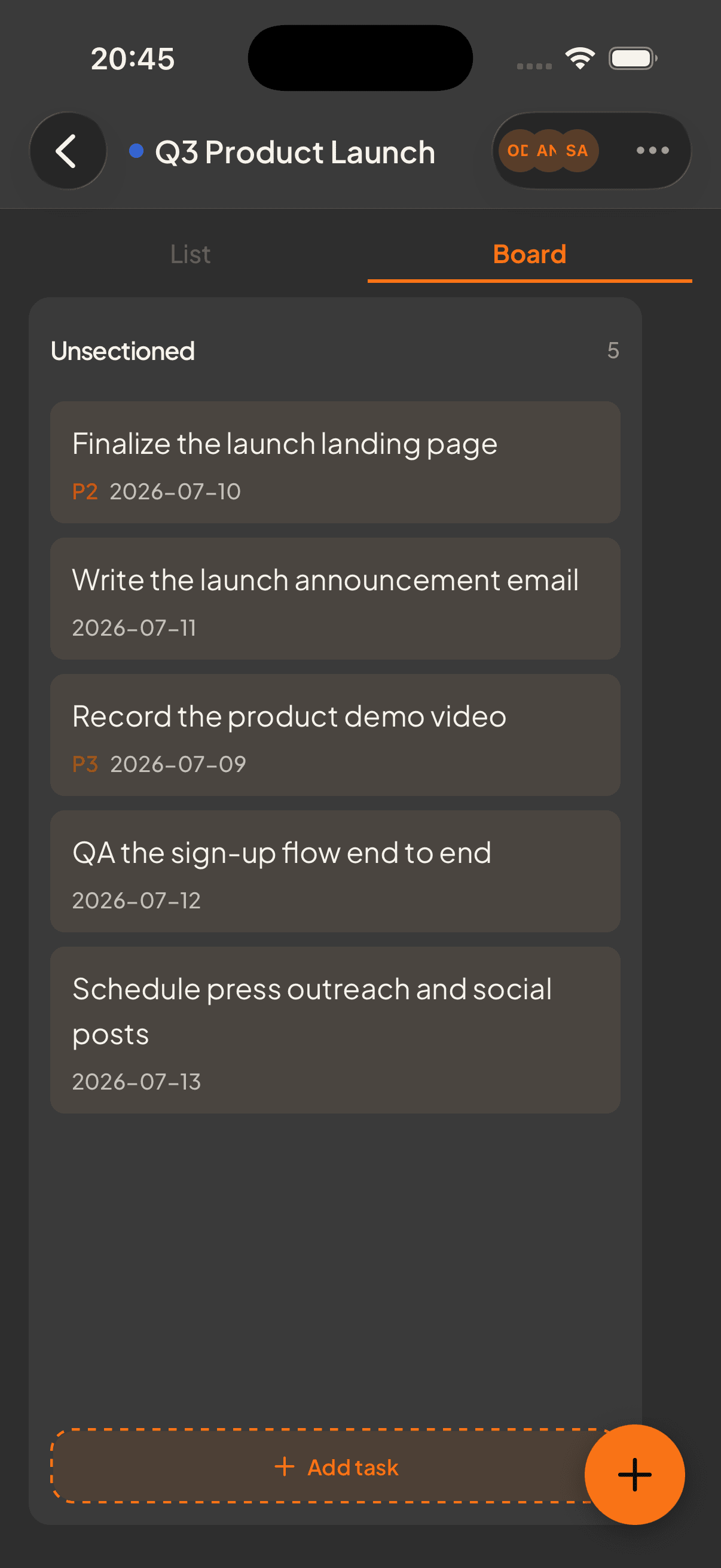 Shared project board with tasks assigned to different people