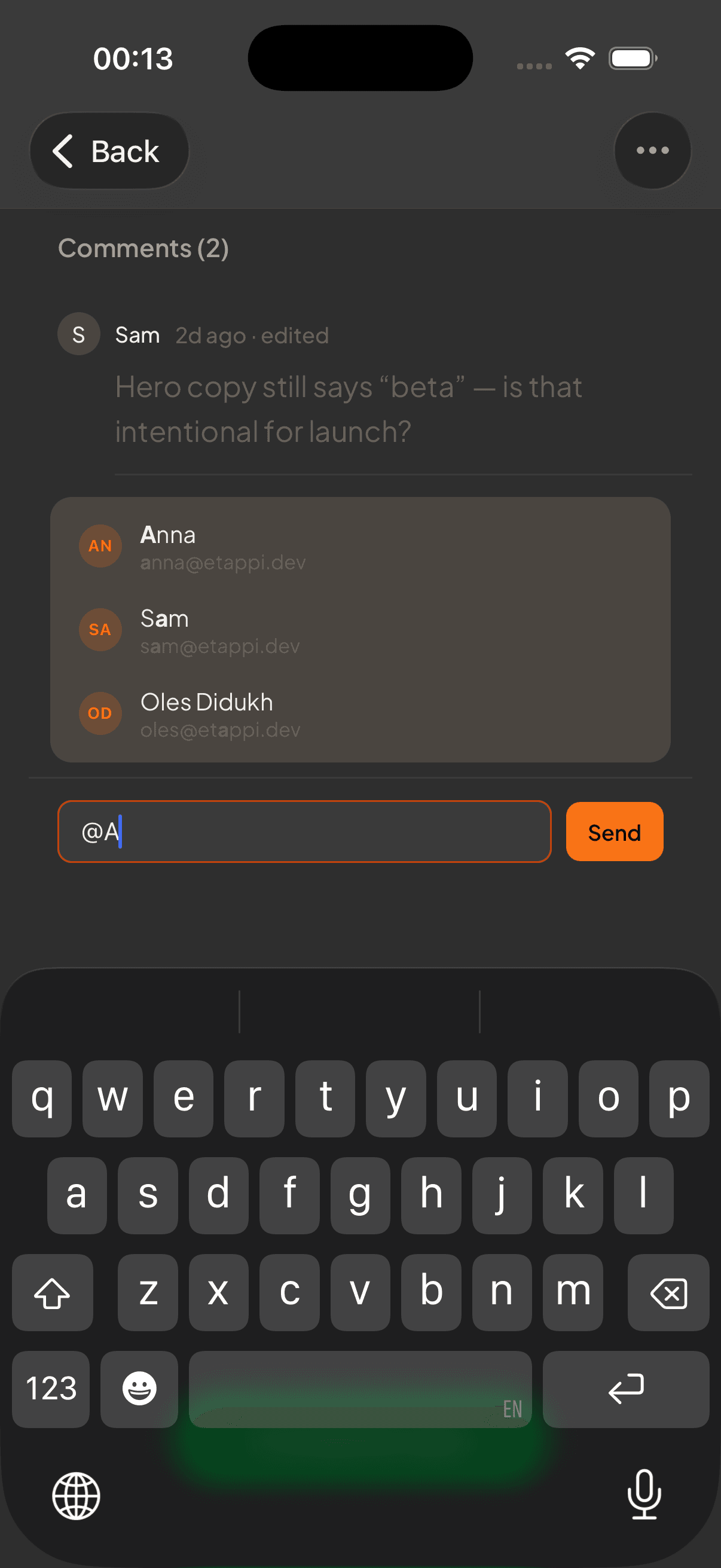 Comment thread with an @-mention on a shared task