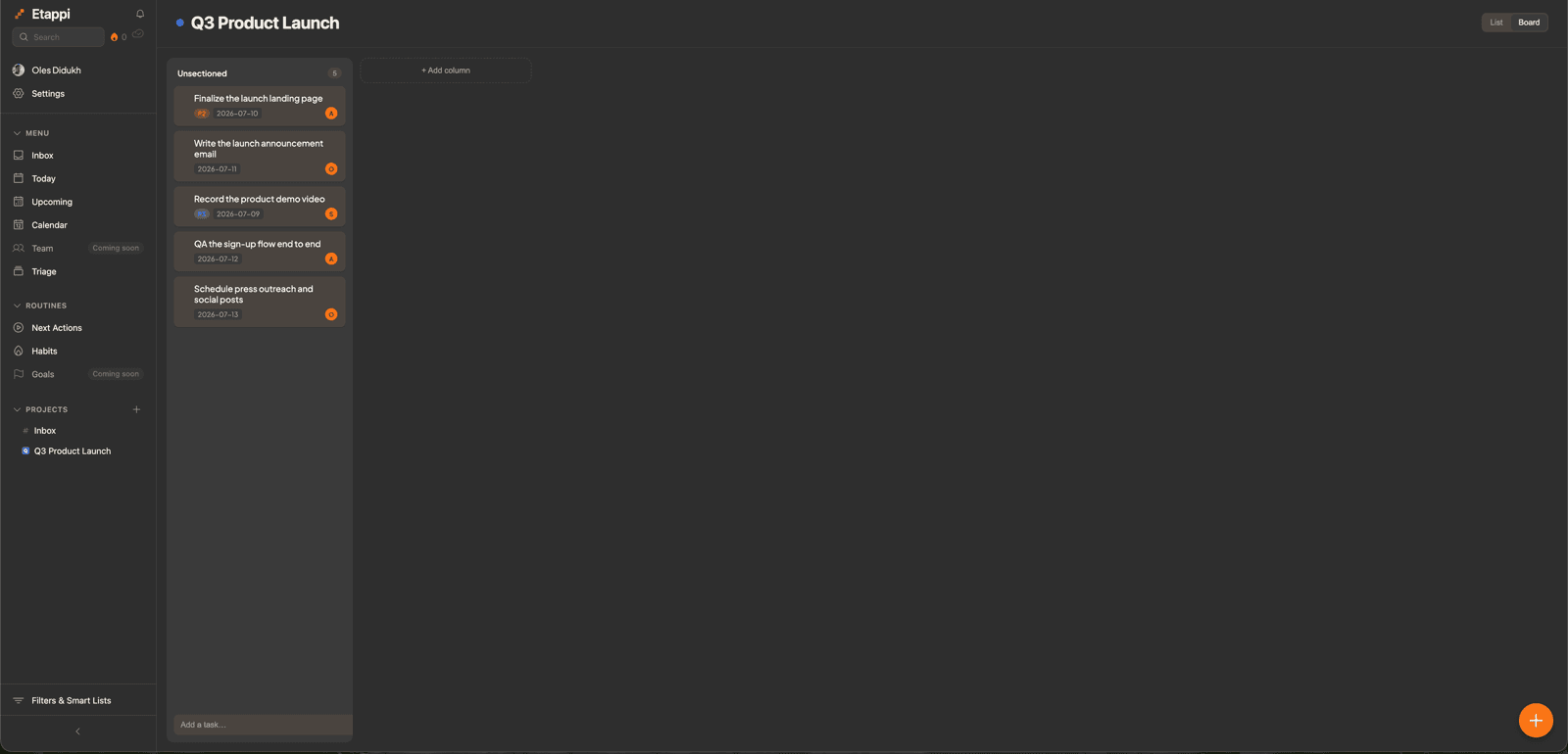 Shared project board with tasks assigned to different people