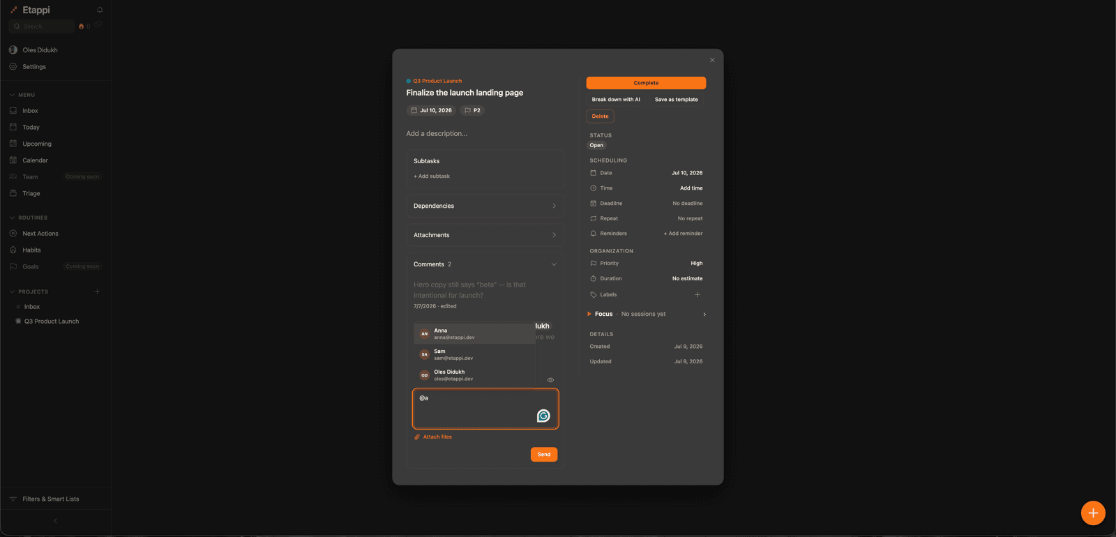 Comment thread with an @-mention on a shared task