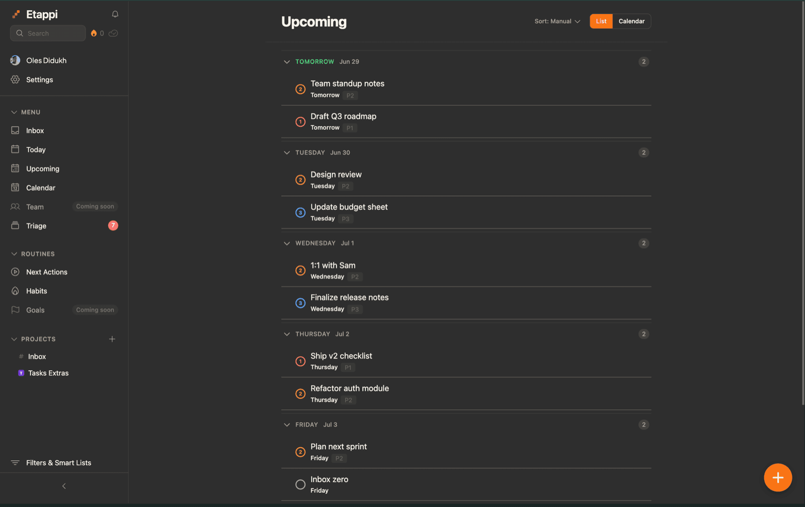 etappi weekly planning board with tasks spread across the days of the week — On the web.
