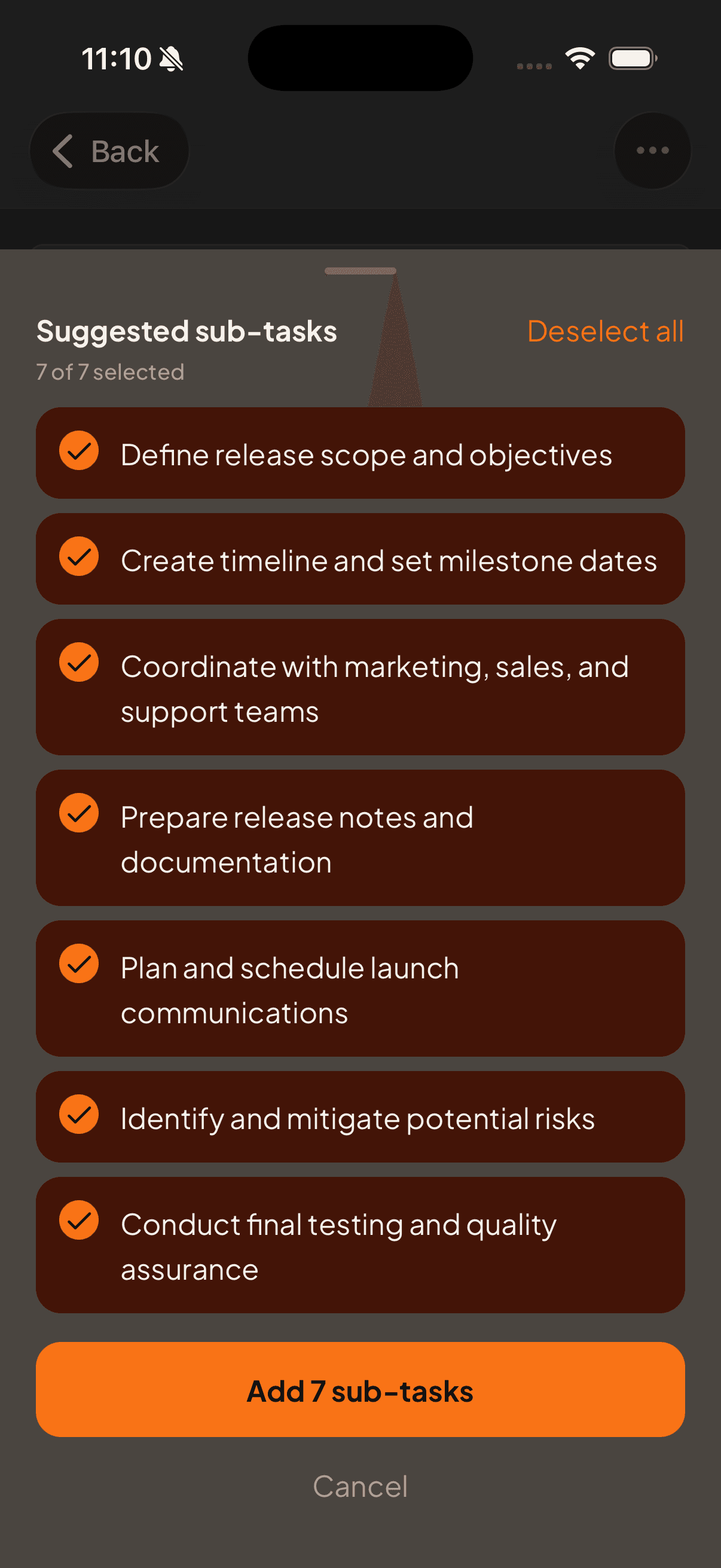 etappi AI suggesting subtasks for a larger goal — On the go.