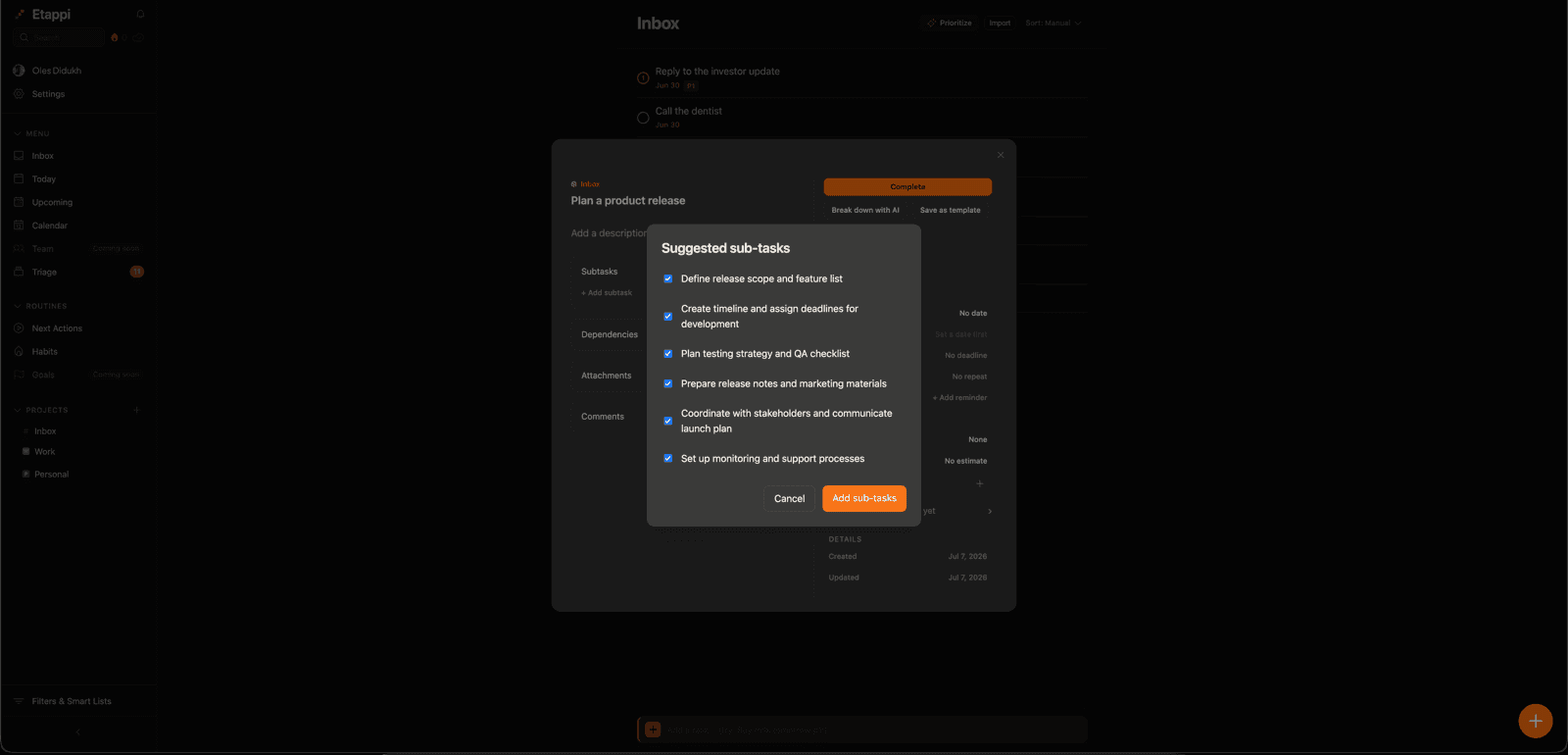 etappi AI suggesting subtasks for a larger goal — On the web.