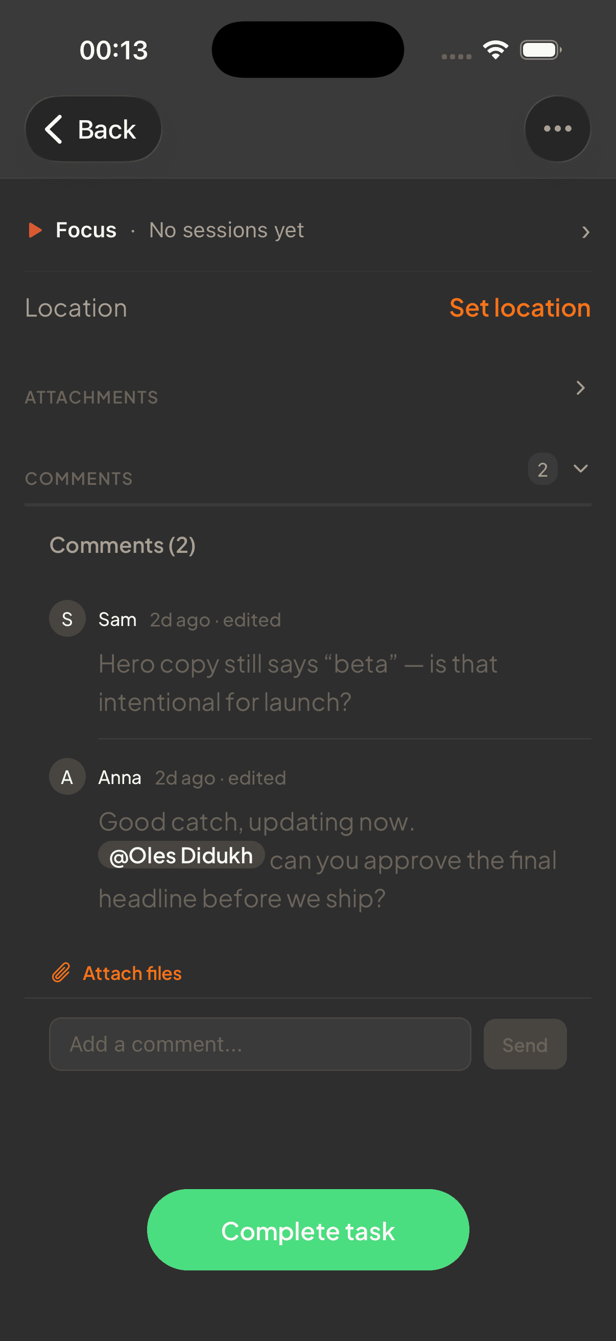 etappi shared project with assigned tasks and a comment thread — On the go.