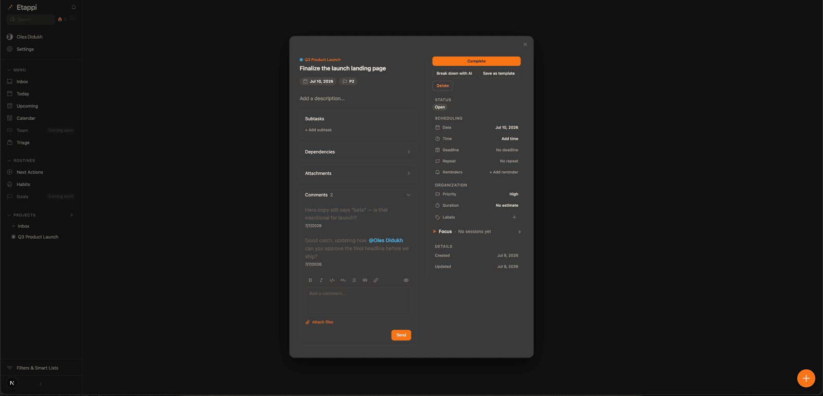 etappi shared project with assigned tasks and a comment thread — On the web.