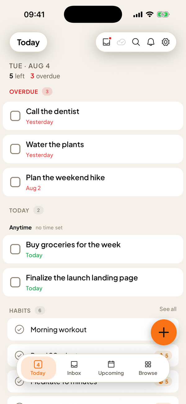 The same Today list in the etappi iPhone app, with the same overdue tasks and a habits section below them.