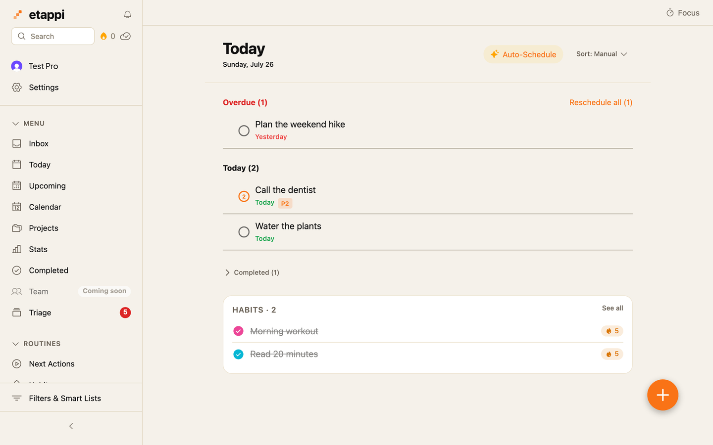 The etappi Today screen listing the tasks due today, each with its project, due date and priority flag.